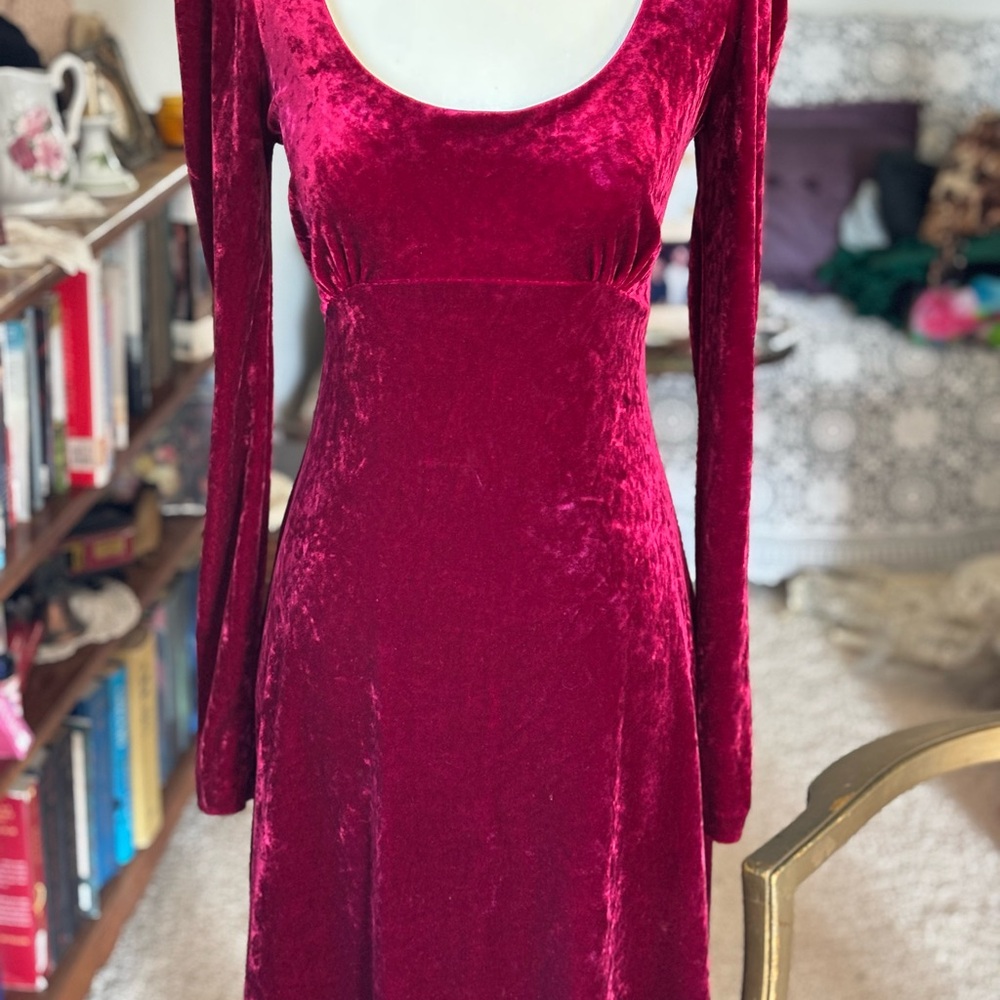 Y2K Betsey Johnson Vintage Crushed Velvet Long Sleeve Skater Dress in Rich Red